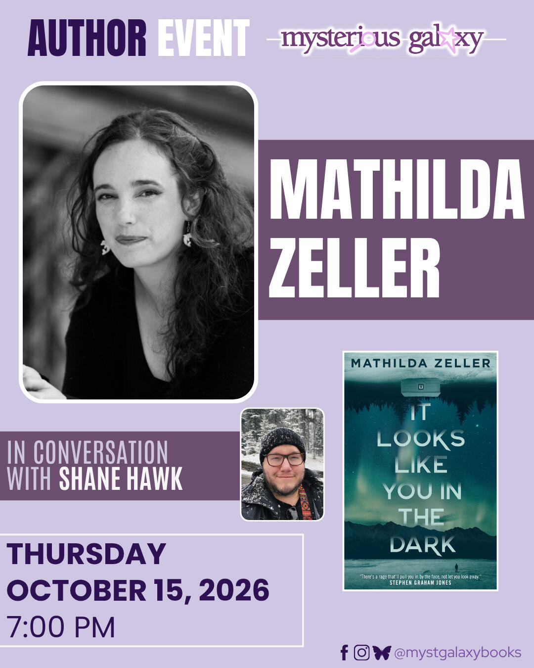 Shane Hawk and Mathilda Zeller in Conversation at Mysterious Galaxy Oct 15, 2026 at 7PM Shane Hawk and Mathilda Zeller in Conversation at Mysterious Galaxy Oct 15, 2026 at 7PM